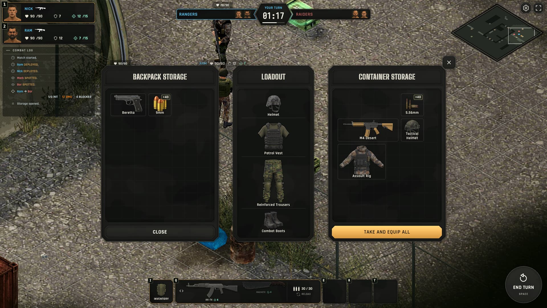 Total Influence equipment screen showing a fighter’s backpack, armor loadout and a crate of gear