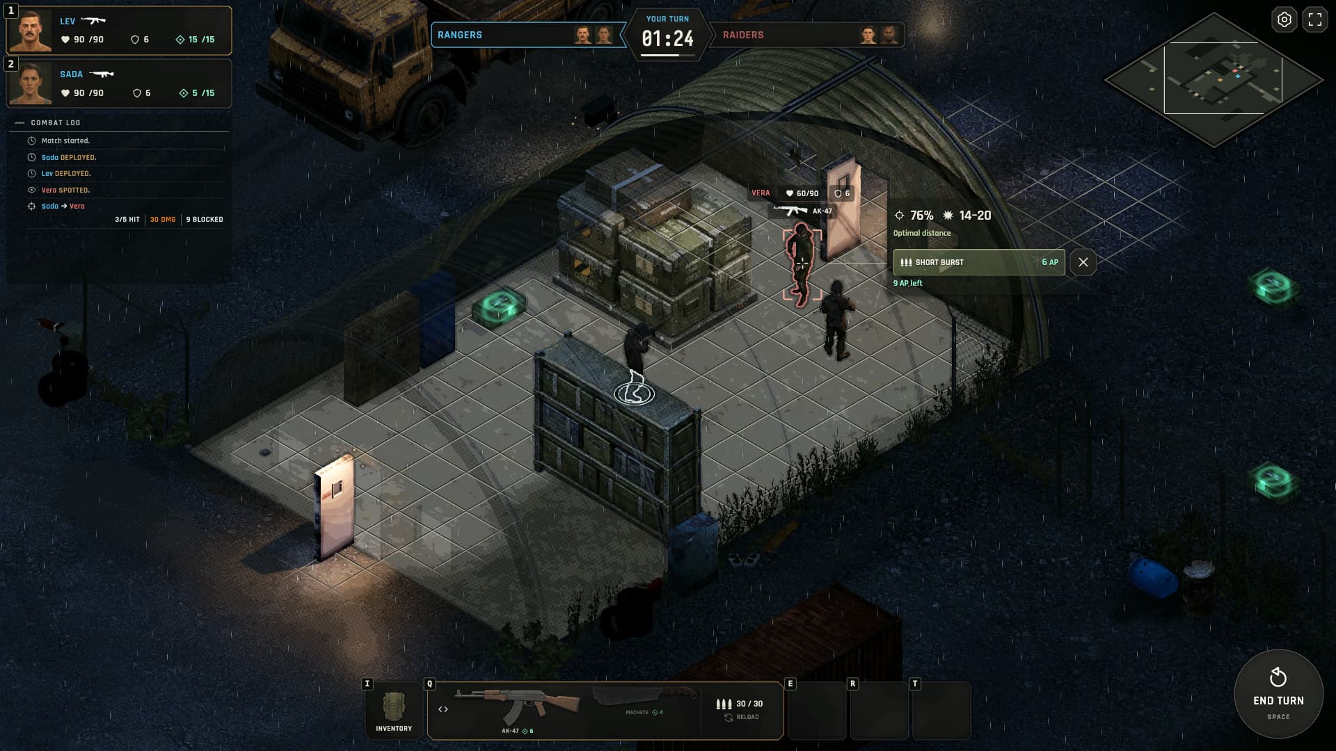 An isometric night fight at a hangar in Total Influence, with action points, targeting and weapon controls visible